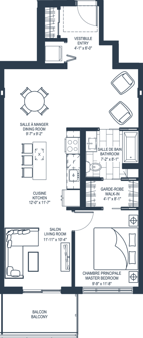 Floor plan for 1 bed, 1 bath, 863 sqft